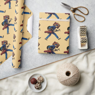 Klassieke hotelbediende in uniform, koffer en golf cadeaupapier