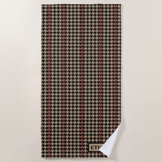 Klassieke Houndstooth Black, Tan & Red Beach Handd Strandlaken (Voorkant)