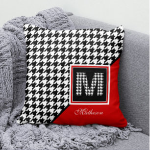 Klassieke Houndstooth & Monogram   Rood zwart wit Kussen