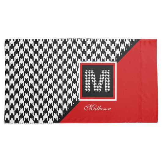 Klassieke Houndstooth & Monogram | Rood zwart wit Kussensloop (Voorkant-Rechts)