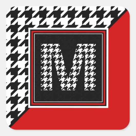 Klassieke Houndstooth & Monogram | Rood zwart wit Vierkante Sticker (Voorkant)