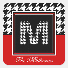 Klassieke Houndstooth & Monogram | Rood zwart wit Vierkante Sticker