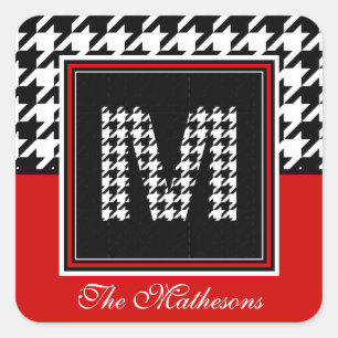 Klassieke Houndstooth & Monogram   Rood zwart wit Vierkante Sticker