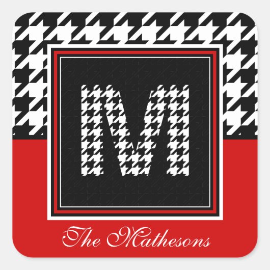 Klassieke Houndstooth & Monogram | Rood zwart wit Vierkante Sticker (Voorkant)