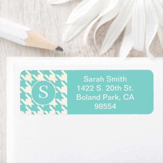 Klassieke Houndstooth Patroon Aqua Blauw en Wit Etiket (Insitu)