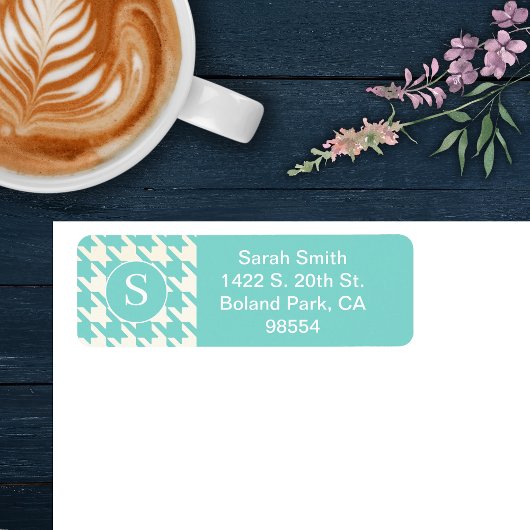 Klassieke Houndstooth Patroon Aqua Blauw en Wit Etiket