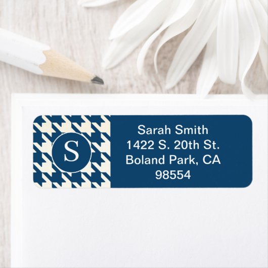 Klassieke Houndstooth Patroon Blauw en Wit Etiket (Insitu)