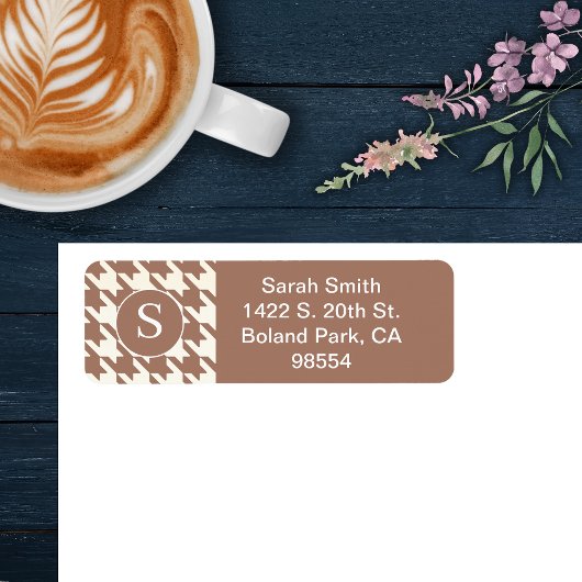 Klassieke Houndstooth Patroon Mocha Mousse en wit Etiket