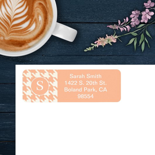 Klassieke Houndstooth Patroon Peachy Koraal & Wit Etiket