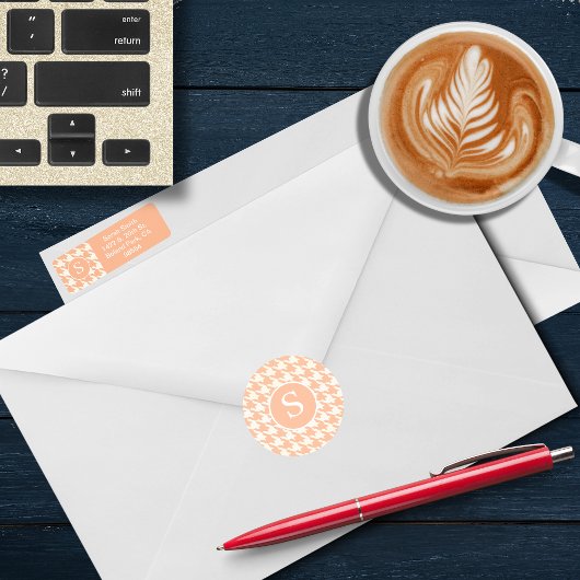 Klassieke Houndstooth Peachy Coral Monogram Ronde Sticker