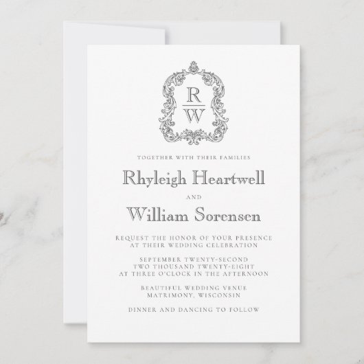 Klassieke houtskool en witte monogram kransscript kaart (Voorkant)