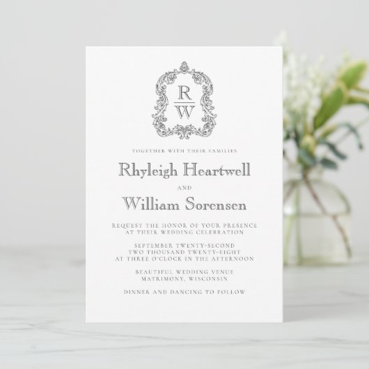 Klassieke houtskool en witte monogram kransscript kaart (Staand voorkant)