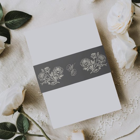 Klassieke Houtskool Monogram Formele Bloemen Huwel Uitnodigingen Wikkel