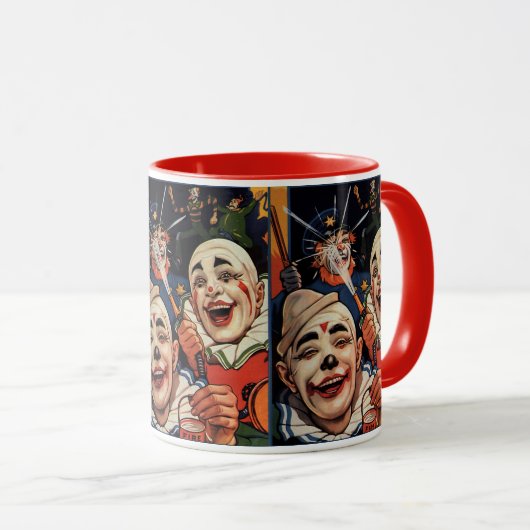 Klassieke humor, lachende circusclowns en politie mok (Voorkant rechts)