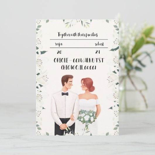 Klassieke huwelijksuitnodiging met mooie bloem kaart (Staand voorkant)