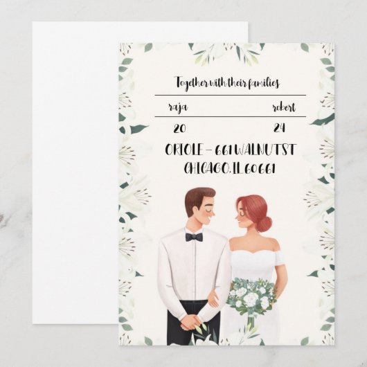 Klassieke huwelijksuitnodiging met mooie bloem kaart (Voorkant / Achterkant)