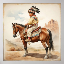Klassieke indiaanse jongen op paard Westerse kunst Poster