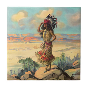 Klassieke indiaanse vrouw met hoofdtooi kunst tegeltje