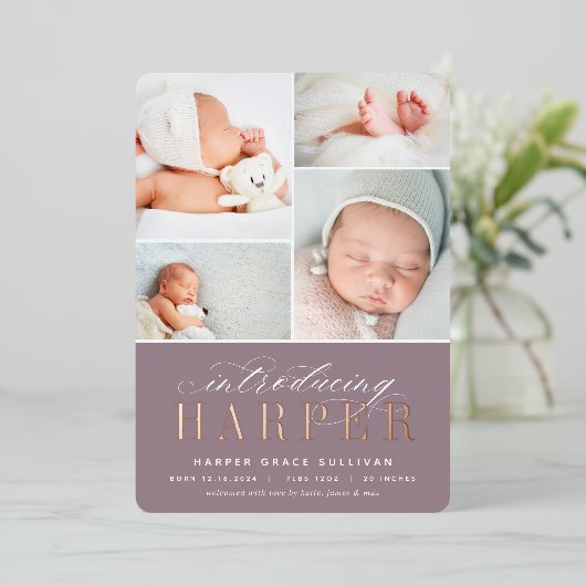 Klassieke inleiding Folie Foto geboortebekendmakin Folie Uitnodiging (Staand Voorkant)