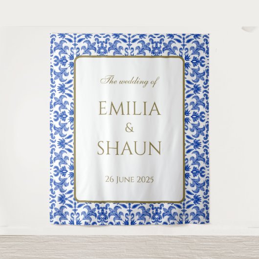 Klassieke Italiaanse Blauw en Wit Bruiloft Achterg Wandkleed (Voorkant)
