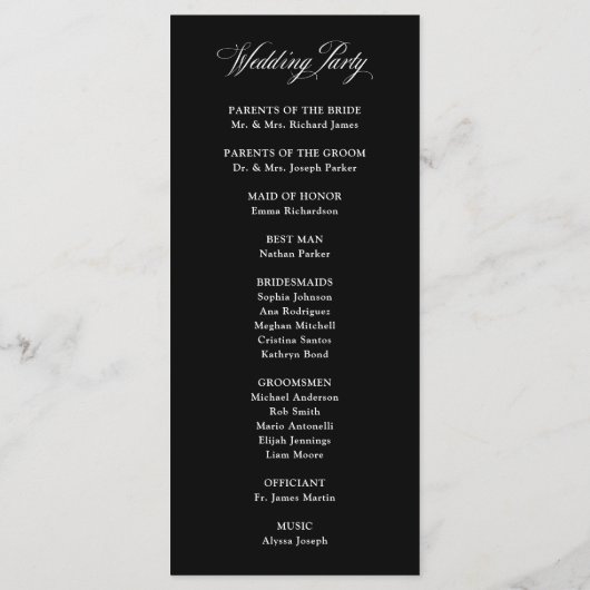 Klassieke Italiaanse Elegance Zwart | Bruiloft Programmakaart (Achterkant)