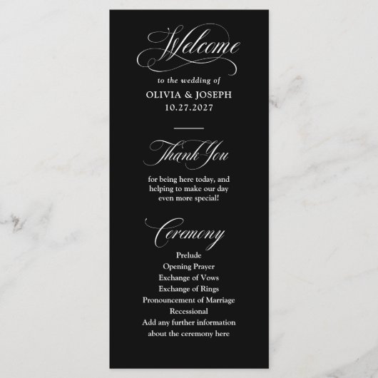 Klassieke Italiaanse Elegance Zwart | Bruiloft Programmakaart (Voorkant)