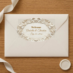 Klassieke Ivoor Barok Luxe Vintage Chic Bruiloft Ovale Sticker