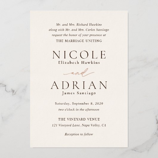 Klassieke ivoor elegante bruiloft folie uitnodiging (Voorkant)