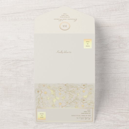 Klassieke ivoor en gouden bruiloft all in one uitnodiging (Buitenkant)