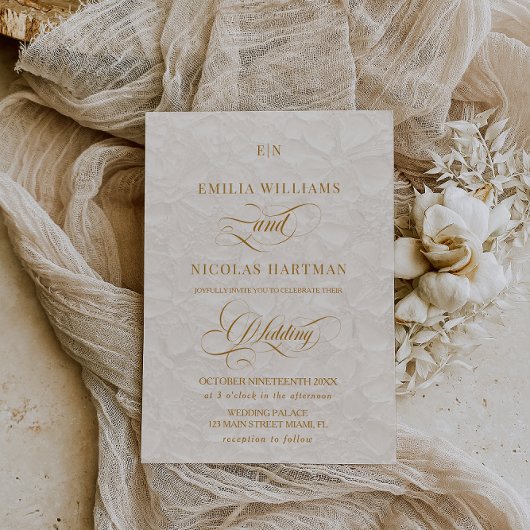 Klassieke Ivoor Goud Monogram Bloemen Huwelijk Kaart