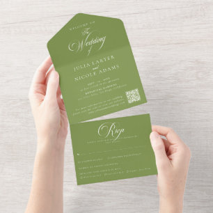 Klassieke Ivoor Groene Calligrafie QR Code Bruilof All In One Uitnodiging