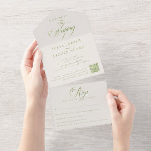 Klassieke Ivoor Groene Calligrafie QR Code Bruilof All In One Uitnodiging