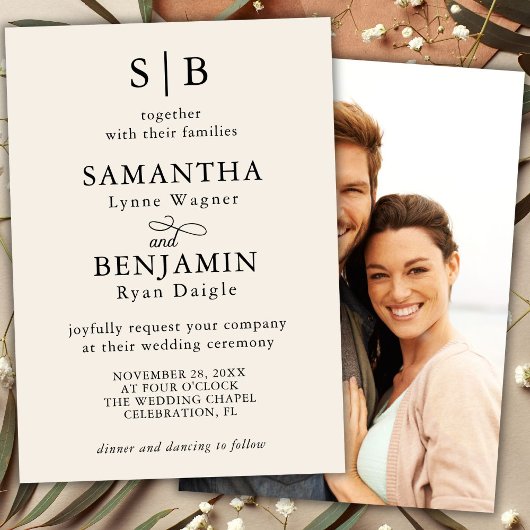 Klassieke Ivoor Monogram Foto Bruiloft Kaart