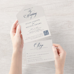 Klassieke ivoorblauwe trouw-RSVP-details QR-code All In One Uitnodiging