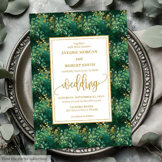 Klassieke Jager Groen Goud Eucalyptus Bruiloft  Kaart