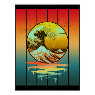 Klassieke Japanse Kanagawa-golf Oceaan Zonsonderga Perfect Poster
