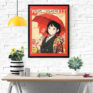 Klassieke Japanse stijl - Meisje met rode paraplu Perfect Poster