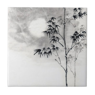 Klassieke japanse sumi-e schilderkunst bamboe maan tegeltje