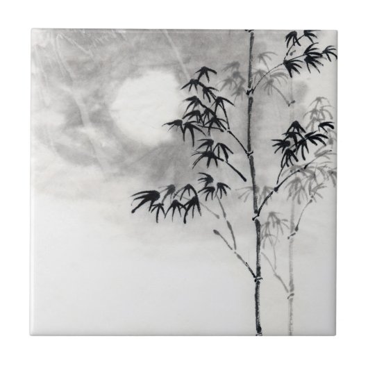 Klassieke japanse sumi-e schilderkunst bamboe maan tegeltje (Voorkant)