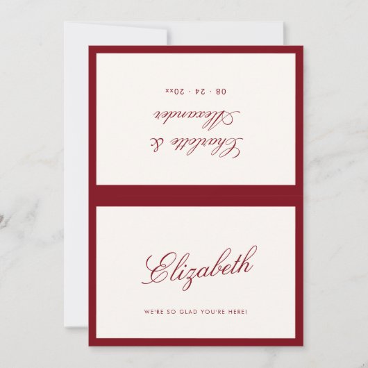 Klassieke kalligrafie Deep Red Old Money Place Car Bedankkaart (Voorkant)