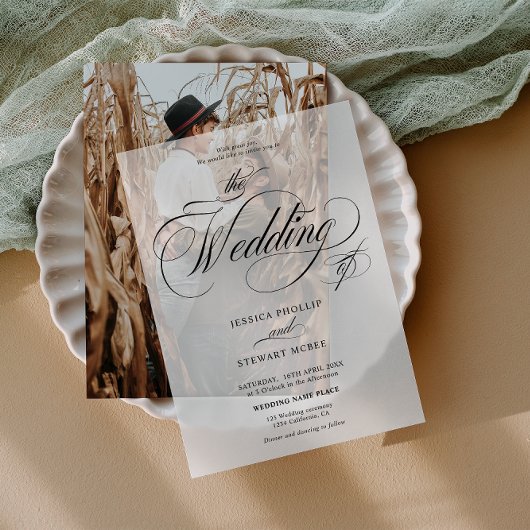 Klassieke Kalligrafie Elegante zwarte script bruil Vellum Uitnodigingen