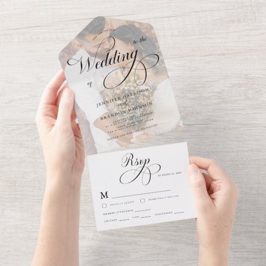 Klassieke kalligrafie en foto's Classy Elegant Wed All In One Uitnodiging (Afscheurbaar)