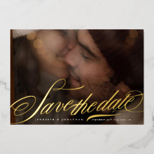 Klassieke kalligrafie foto trouw save the date folie uitnodiging