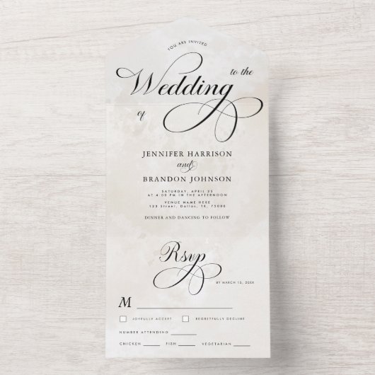 Klassieke kalligrafie Marble Classy Elegant Weddin All In One Uitnodiging (Binnen)