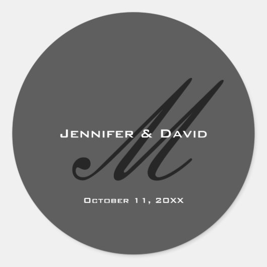 Klassieke Kalligrafie Monogram Bruiloftsgrijs Ronde Sticker (Voorkant)
