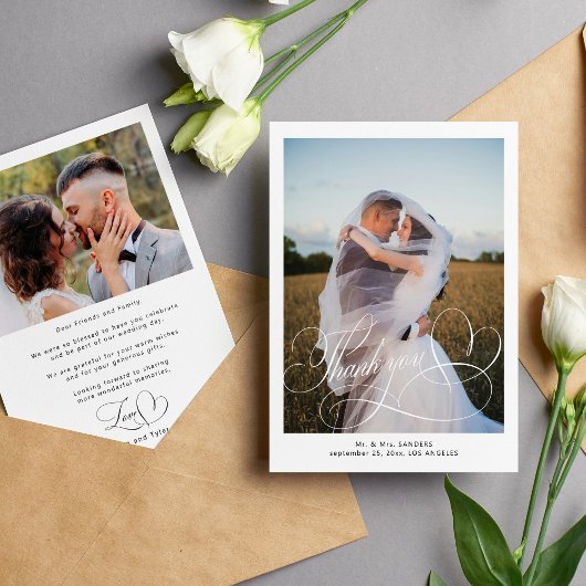 Klassieke kalligrafie script trouwfoto bedankkaart