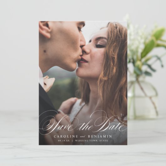 Klassieke kalligrafiefoto bruiloft, behalve de dat save the date (Staand voorkant)