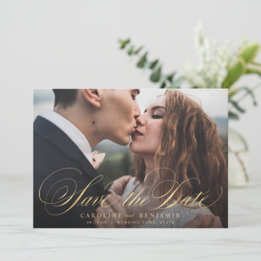 Klassieke kalligrafiefoto bruiloft, behalve de dat save the date (Staand voorkant)