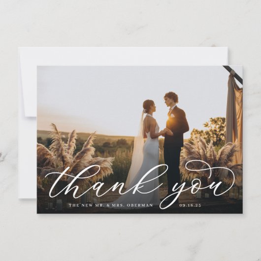 Klassieke kalligrafiescript Weduwfoto Flat Bedankkaart (Voorkant)