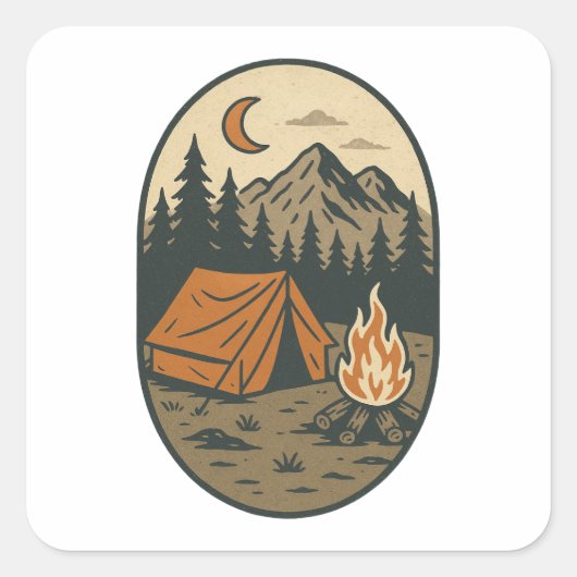 Klassieke kampeeravond bij het kampvuur in de berg vierkante sticker (Voorkant)